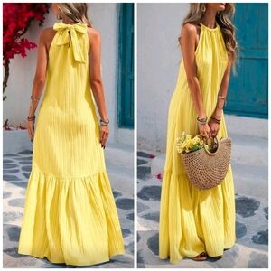 New Textured Stripe Tie Back Halter Ruffle Maxi Dress Yellow
